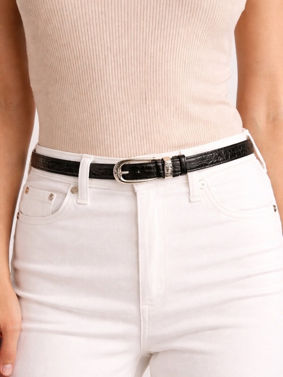 Brighton Black Croc Embossed Leather Belt Silver Buckle Slim Size M/L Chic